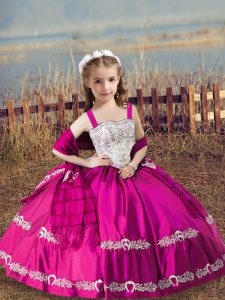 Perfect Satin Sleeveless Floor Length Little Girl Pageant Dress and Beading and Embroidery