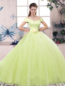 Yellow Green Ball Gowns Lace and Hand Made Flower Sweet 16 Dress Lace Up Tulle Short Sleeves Floor Length