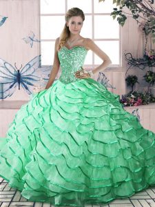 Sweetheart Sleeveless 15th Birthday Dress Brush Train Ruffled Layers Apple Green Organza