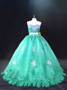 Turquoise Ball Gowns Sweetheart Sleeveless Organza Zipper Appliques Ball Gown Prom Dress