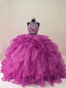 Amazing Organza Scoop Sleeveless Brush Train Backless Beading and Ruffles Vestidos de Quinceanera in Fuchsia