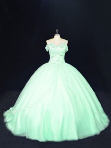 Attractive Apple Green Ball Gowns Off The Shoulder Sleeveless Tulle Court Train Lace Up Beading Quinceanera Gown