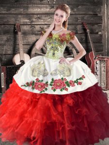 Artistic White And Red Organza Lace Up Off The Shoulder Sleeveless Floor Length Sweet 16 Dresses Embroidery and Ruffles