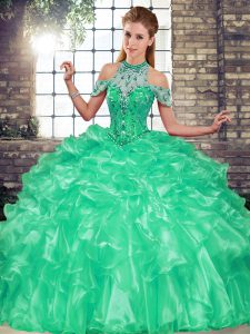 Turquoise Halter Top Lace Up Beading and Ruffles Sweet 16 Quinceanera Dress Sleeveless