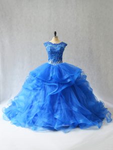Ball Gowns Sleeveless Royal Blue Sweet 16 Dress Brush Train Lace Up