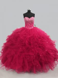 Hot Pink Sweetheart Lace Up Beading and Ruffles 15 Quinceanera Dress Sleeveless