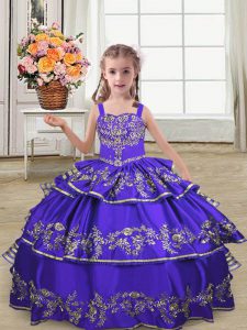 Purple Satin Lace Up Little Girls Pageant Dress Wholesale Sleeveless Floor Length Embroidery and Ruffled Layers