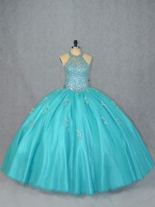 Extravagant Halter Top Sleeveless Lace Up 15 Quinceanera Dress Aqua Blue Tulle