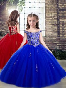 Off The Shoulder Sleeveless Lace Up High School Pageant Dress Royal Blue Tulle