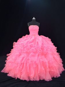 Stylish Pink Ball Gowns Beading and Ruffles Quinceanera Gowns Lace Up Organza Sleeveless Floor Length