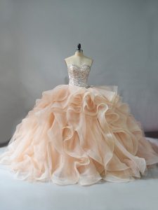 Champagne and Pink And White Organza Lace Up 15th Birthday Dress Sleeveless Brush Train Beading and Ruffles