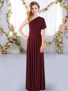 Customized Sleeveless Floor Length Ruching Criss Cross Damas Dress with Burgundy