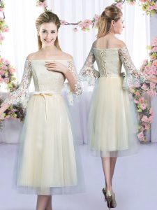 Champagne Quinceanera Dama Dress Wedding Party with Lace and Bowknot Off The Shoulder 3 4 Length Sleeve Lace Up