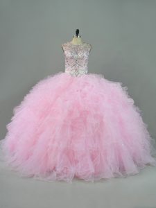 Fitting Scoop Sleeveless Lace Up 15th Birthday Dress Baby Pink Tulle