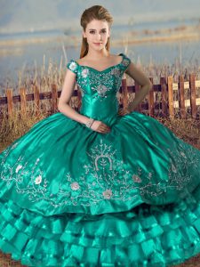 Floor Length Turquoise Sweet 16 Dresses Off The Shoulder Sleeveless Lace Up