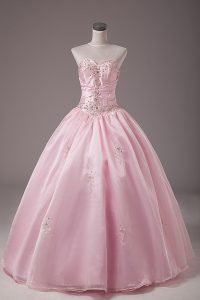 Baby Pink Ball Gowns Strapless Sleeveless Organza Floor Length Lace Up Beading and Embroidery Quinceanera Dress