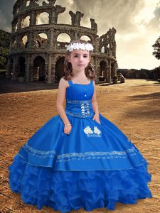 Custom Designed Floor Length Ball Gowns Sleeveless Blue Little Girls Pageant Gowns Zipper