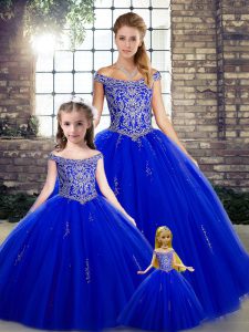 Unique Floor Length Lace Up Quince Ball Gowns Royal Blue for Military Ball and Sweet 16 and Quinceanera with Beading