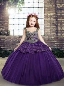 Floor Length Purple Pageant Dress Straps Sleeveless Lace Up