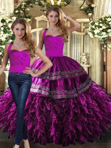 Fuchsia Vestidos de Quinceanera Military Ball and Sweet 16 and Quinceanera with Embroidery and Ruffles Halter Top Sleeveless Lace Up
