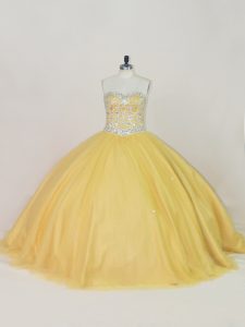 Gold Ball Gowns Beading Sweet 16 Dress Lace Up Tulle Sleeveless Floor Length
