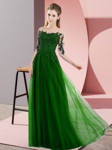 Green Half Sleeves Floor Length Beading and Lace Lace Up Vestidos de Damas
