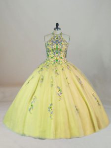 Custom Fit Yellow Halter Top Lace Up Appliques and Embroidery Sweet 16 Quinceanera Dress Brush Train Sleeveless