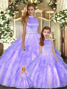 New Style Lavender Ball Gowns Halter Top Sleeveless Tulle Floor Length Backless Beading and Ruffles Quince Ball Gowns