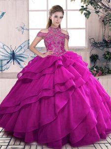 Flirting Floor Length Lace Up Sweet 16 Dress Fuchsia for Sweet 16 and Quinceanera with Beading and Ruffled Layers