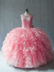 Gorgeous Organza Scoop Sleeveless Lace Up Beading and Ruffles 15 Quinceanera Dress in Pink
