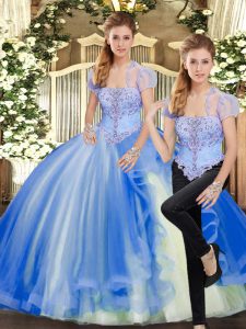 Sleeveless Tulle Floor Length Lace Up Quinceanera Gowns in Blue with Beading and Ruffles