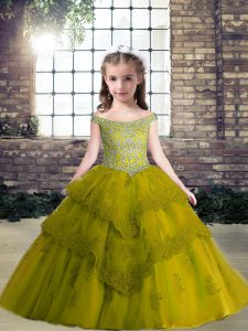 Classical Olive Green Tulle Lace Up Off The Shoulder Sleeveless Floor Length Child Pageant Dress Beading and Appliques
