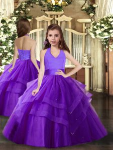Charming Floor Length Ball Gowns Sleeveless Purple Little Girl Pageant Dress Lace Up