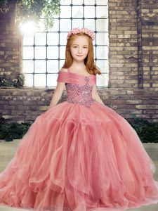 Tulle Straps Sleeveless Lace Up Beading Kids Formal Wear in Watermelon Red