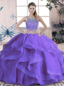 Suitable Sleeveless Tulle Floor Length Lace Up 15th Birthday Dress in Purple with Beading and Ruffles