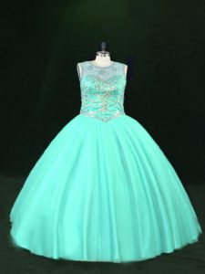 High End Sleeveless Floor Length Beading Lace Up Sweet 16 Dresses with Turquoise