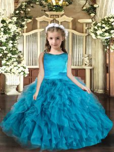 Excellent Blue Child Pageant Dress Party and Wedding Party with Ruffles Scoop Sleeveless Lace Up