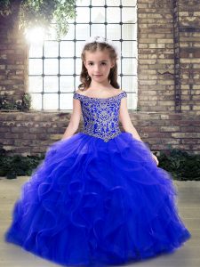 Royal Blue Ball Gowns Tulle Off The Shoulder Sleeveless Beading and Ruffles Floor Length Lace Up Kids Formal Wear
