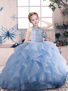 Fantastic Lavender Ball Gowns Organza Scoop Sleeveless Beading and Ruffles Floor Length Zipper Little Girls Pageant Dress Wholesale