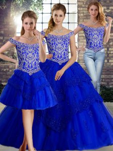 Fashionable Off The Shoulder Sleeveless Brush Train Lace Up 15 Quinceanera Dress Royal Blue Tulle