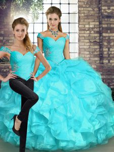 Superior Aqua Blue Sleeveless Floor Length Beading and Ruffles Lace Up Vestidos de Quinceanera