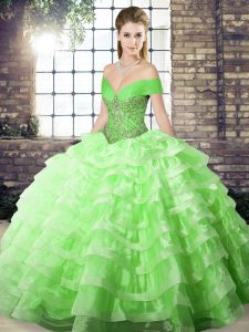 Elegant Off The Shoulder Lace Up Beading and Ruffled Layers Vestidos de Quinceanera Brush Train Sleeveless