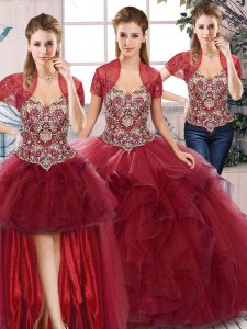Burgundy Off The Shoulder Neckline Beading and Ruffles Quinceanera Gown Sleeveless Lace Up
