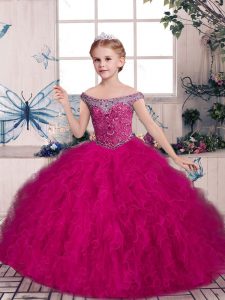 Off The Shoulder Sleeveless Tulle Little Girls Pageant Gowns Beading and Ruffles Lace Up