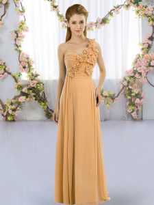Sleeveless Floor Length Hand Made Flower Lace Up Quinceanera Dama Dress with Gold