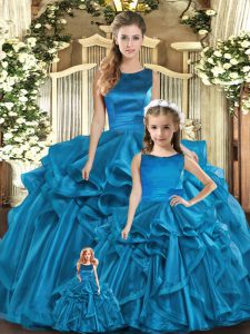 Teal Organza Lace Up Vestidos de Quinceanera Sleeveless Floor Length Ruffles