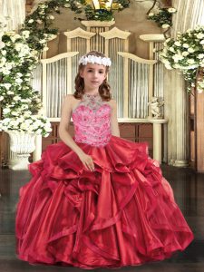 Adorable Beading and Ruffles Kids Pageant Dress Red Lace Up Sleeveless Floor Length