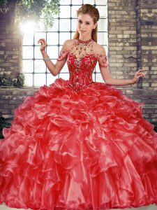 Floor Length Ball Gowns Sleeveless Coral Red Ball Gown Prom Dress Lace Up
