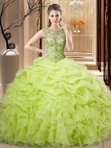 Yellow Green Sweet 16 Dress Sweet 16 and Quinceanera with Beading and Ruffles and Pick Ups Scoop Sleeveless Lace Up
