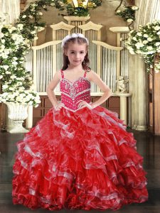 Floor Length Ball Gowns Sleeveless Red Little Girls Pageant Dress Lace Up